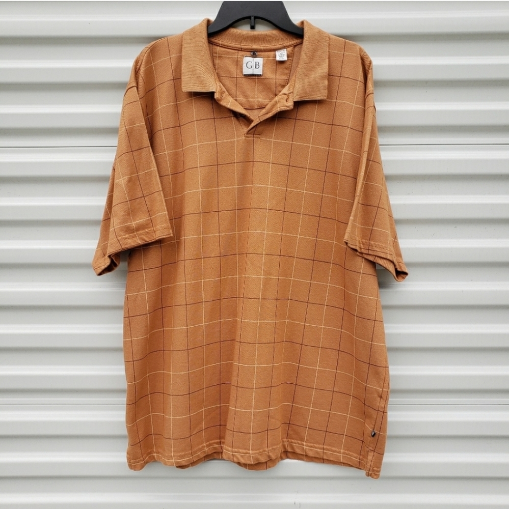 Geoffrey Beene honey yellow plaid polo shirt